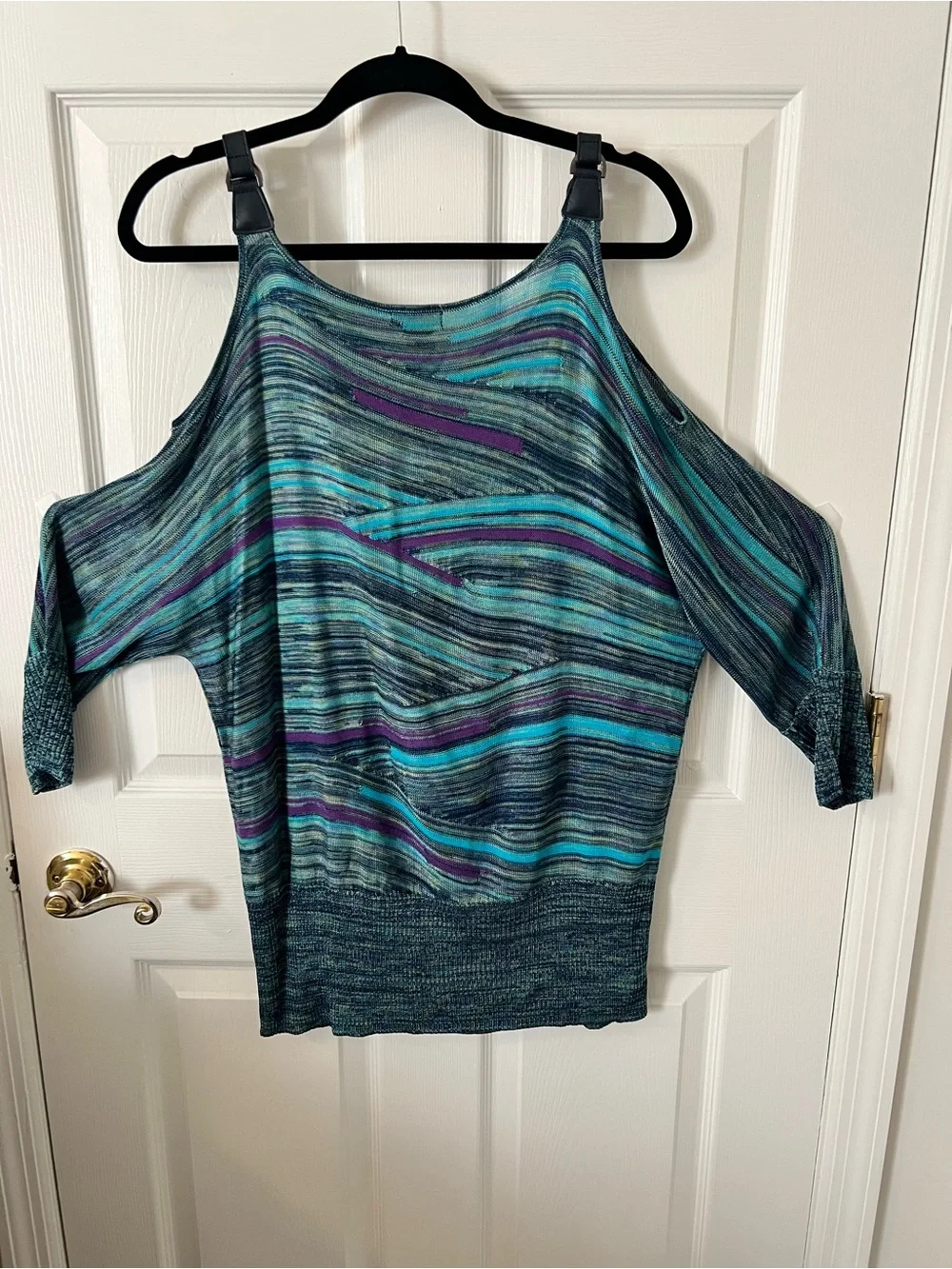 Striped Cold-Shoulder Knit Tunic in Teal & Purple
